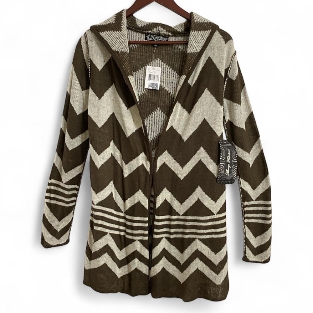Brown & cream hooded zigzag long open cardigan - Sz S